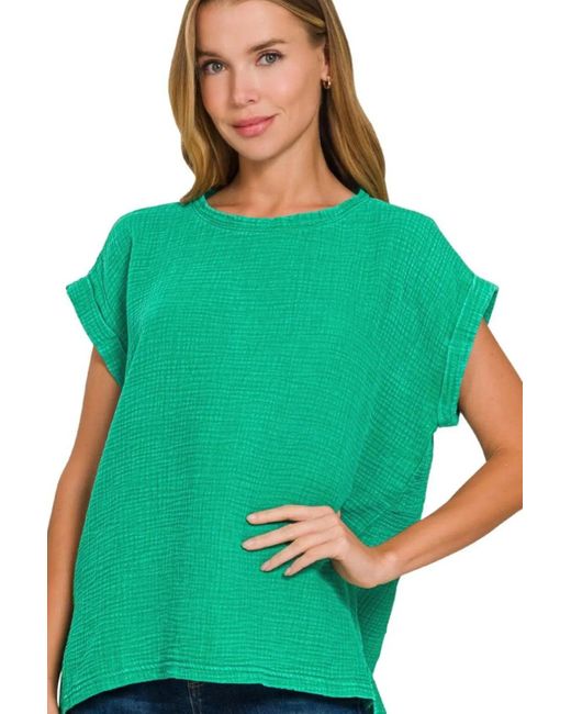 TRUEDAMES Green Woven Double Gauze Acid Washed Short Sleeve Top