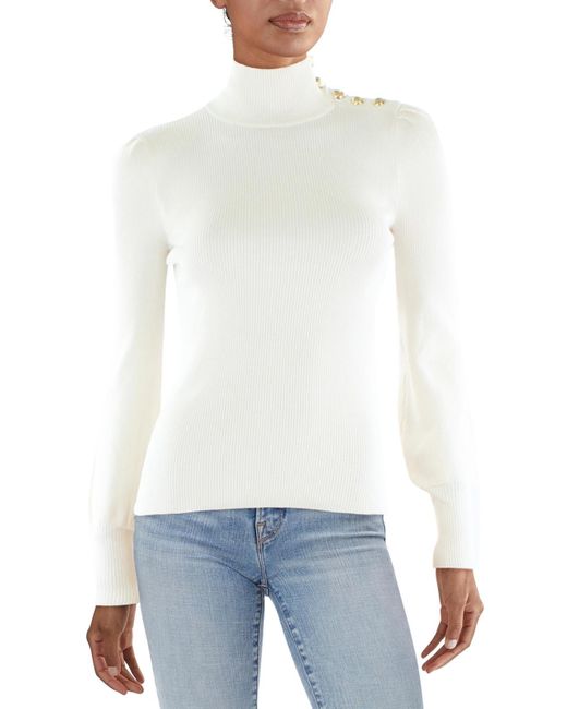Lauren by Ralph Lauren White Embellishment Ribbed Turtleneck Sweater