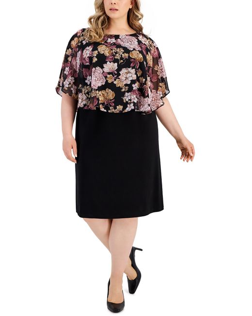 Connected Apparel Black Plus Floral Print Knee Length Sheath Dress