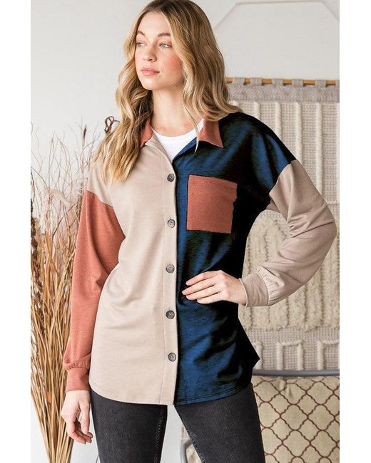 TRUEDAMES Blue Full Size Color Block Button Down Shirt