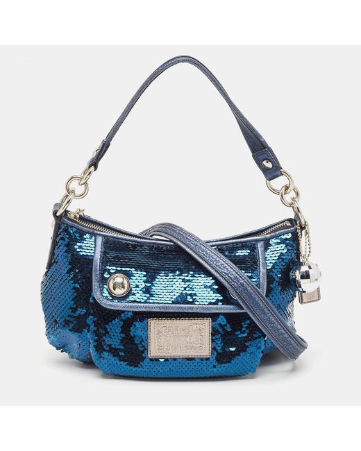 COACH Blue /silver Sequins And Leather Groovy Hobo