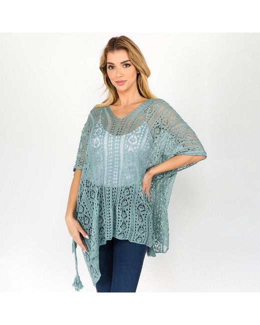 TRUEDAMES Blue Boho Crochet Tassel Poncho Top
