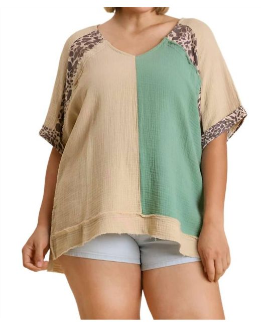 Umgee Green Color Block Cotton Gauze Top
