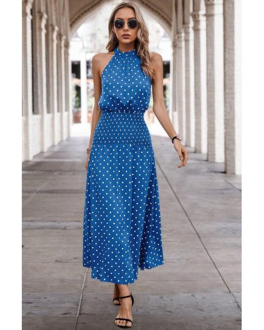TRUEDAMES Blue Off Shoulder Dot Print Fit Ruffle Full Dress
