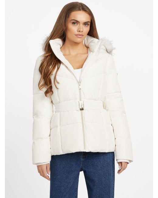 Guess White Sally Belted Real-Down Jacket