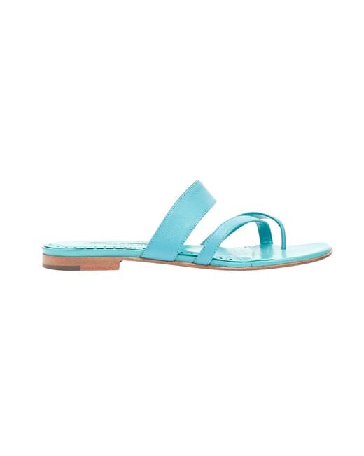 Manolo Blahnik Blue Teal Toe Ring Crisscross Leather Strappy Sandals