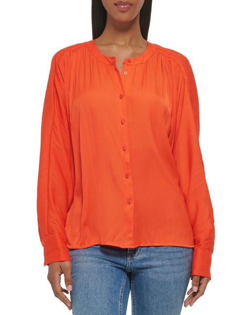 Calvin Klein Orange Pleated Banded Neck Button-down Top