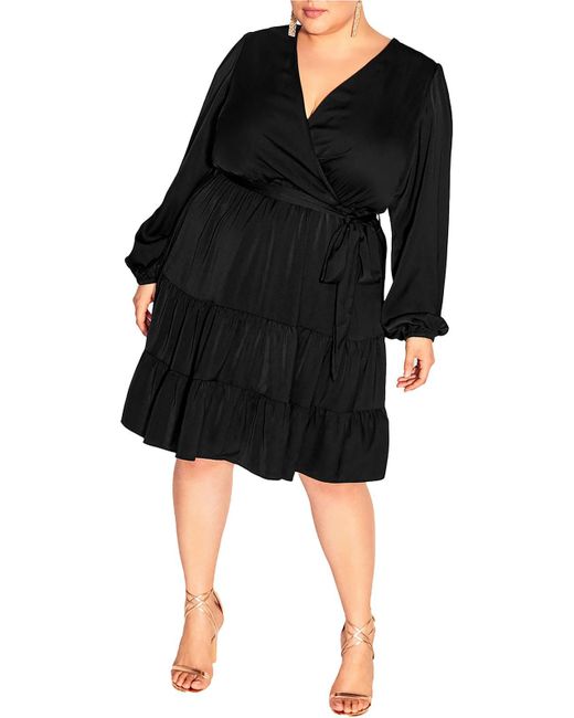 City Chic Black Plus Faux-wrap Bishop Sleeve Wrap Dress