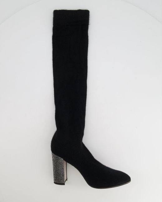 Rene Caovilla Black Stretch High-knee Boots With Crystal Heel