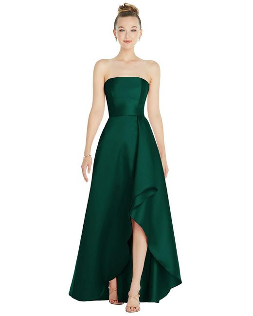 Alfred Sung Green Strapless Satin Gown With Draped Front Slit And Pockets