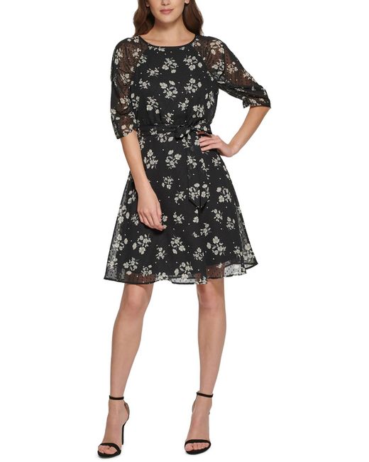 DKNY Black Floral Print Polyester Fit & Flare Dress