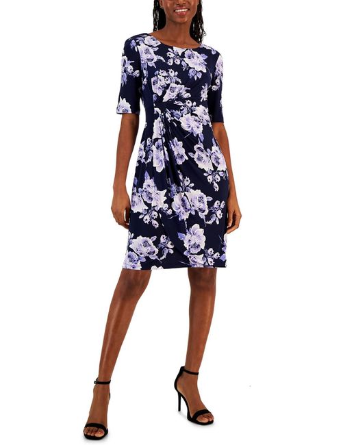 Connected Apparel Blue Petites Ruched Elbow Sleeve Sheath Dress