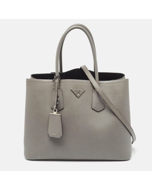 Prada Gray Saffiano Cuir Leather Large Double Handle Tote