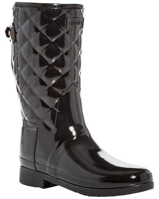 Hunter Black Refined Gloss Quilt Short Mid-calf Pull On Rain Boots