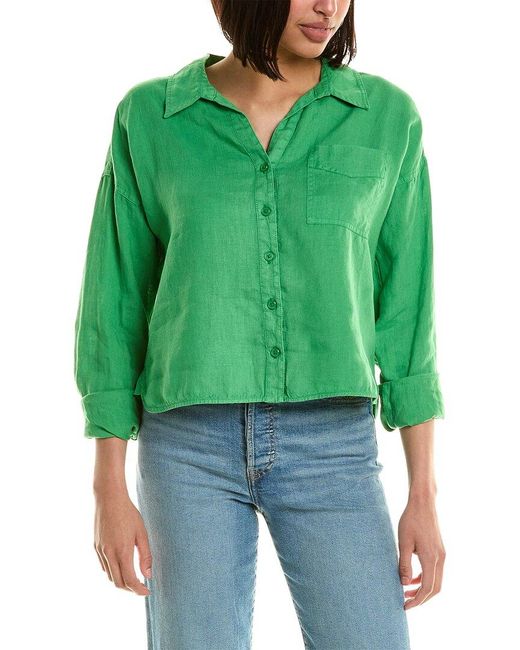 Michael Stars Green Gracie Crop Button-down Linen Shirt