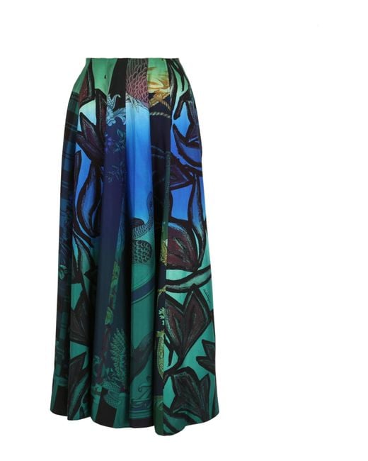 Ferragamo Blue Graphic Printed Silk Midi Skirt