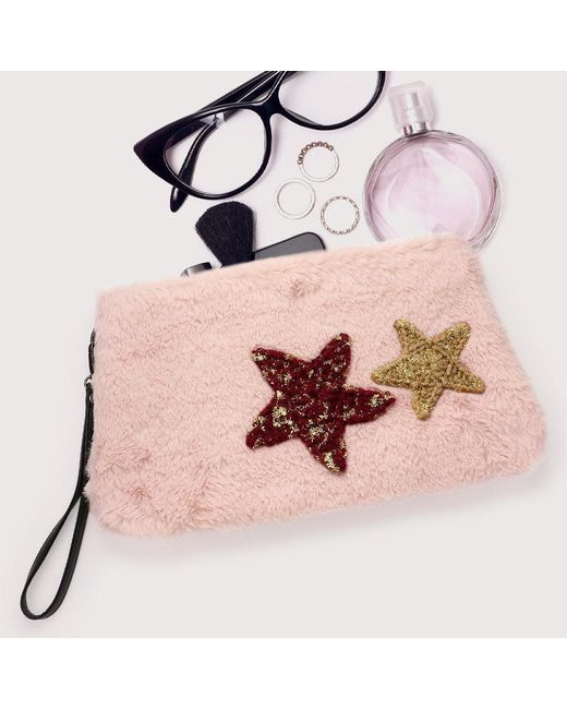 Fashnzfab Pink Star Patches Fuzzy Faux Fur Wristlet Clutch Bag