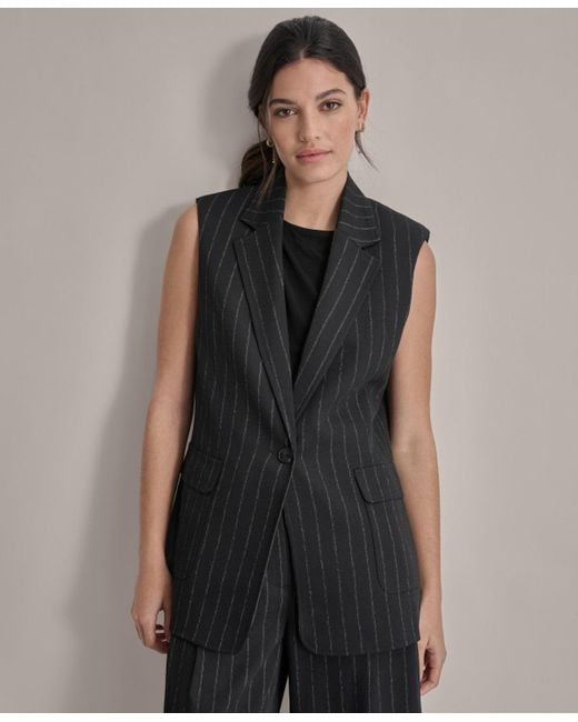 DKNY Black One Button Vest P Petite Striped Notch Lapel Collared Fts1256