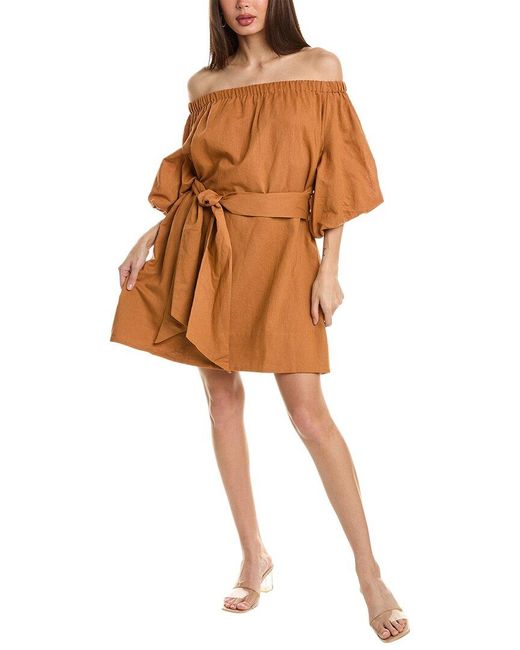 Beulah London Brown Off-the-shoulder Linen-blend Mini Dress