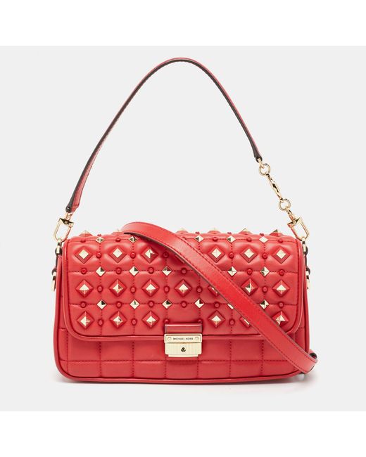 Michael Kors Red Quilted Leather Small Studded Bradshaw Convertible Shoulder Bag