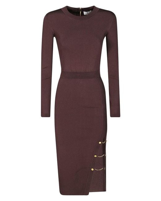 Elisabetta Franchi Purple Fitted Longuette Knit Dress With Boat Neckline