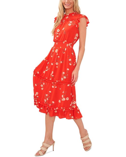 Cece Red Floral Print Polyester Midi Dress