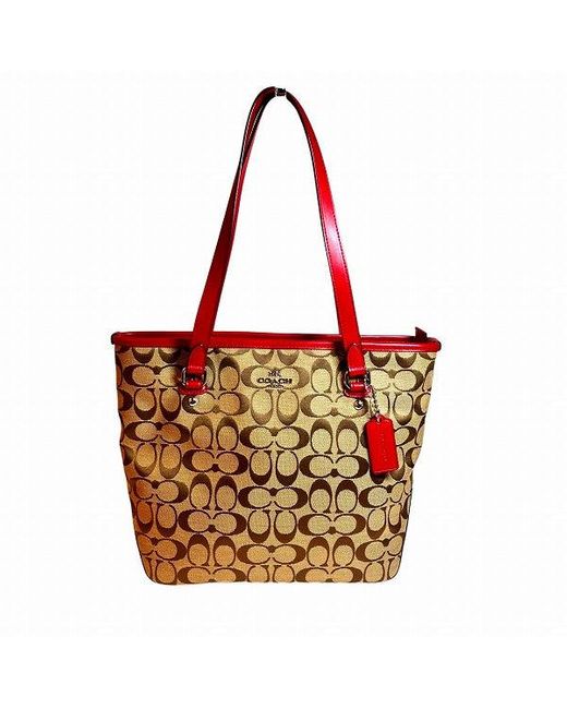 COACH Red Signature Canvas Leather Tote Bag