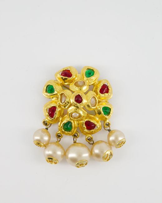 Chanel Red Vintage Gold Camelia Brooch With Multi-colour Stones And Pearls