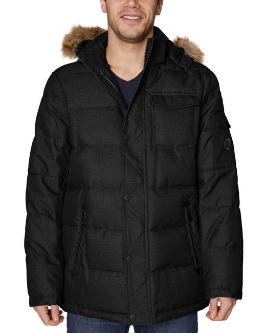 Nautica Black Faux Fur Trim Quilted Parka Coat for men