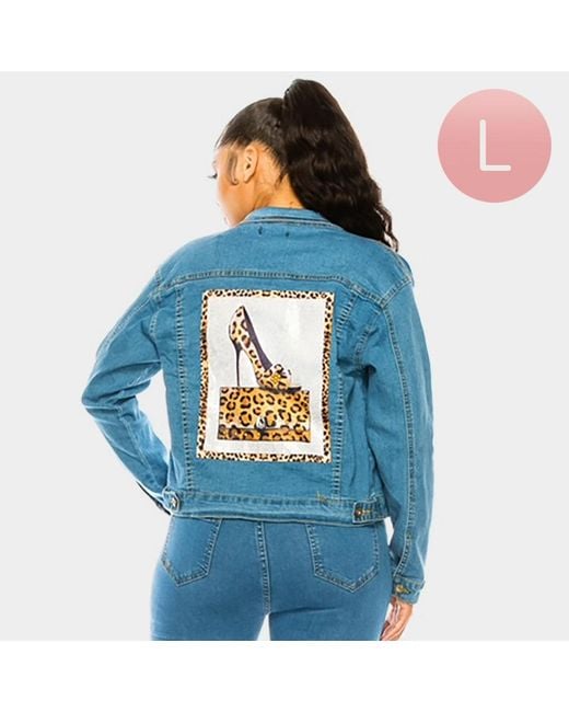TRUEDAMES Blue Leopard Patterned Stiletto Heel Back Accented Denim Jacket