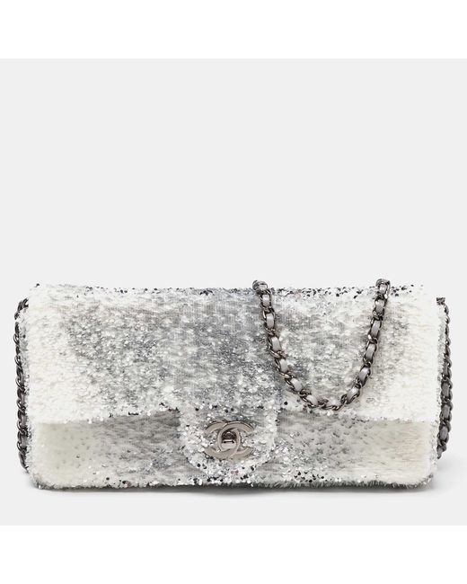 Chanel Metallic /white Sequins Cc Flap Shoulder Bag