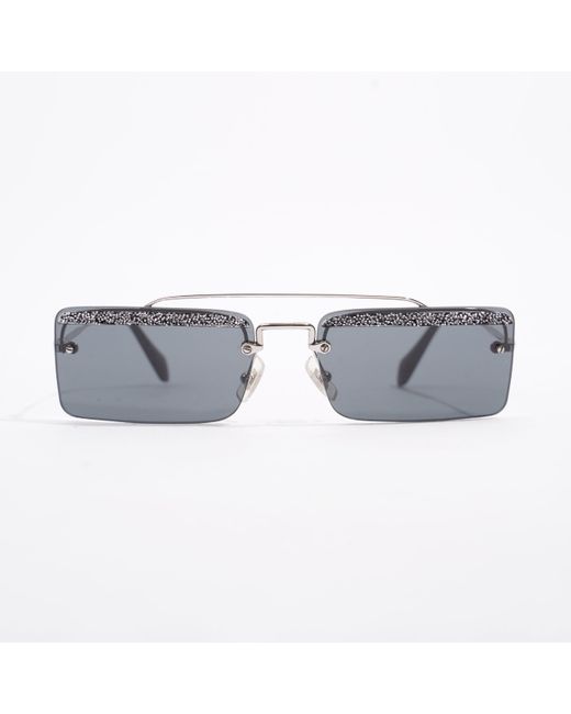 Miu Miu Gray Crystal Embellished Rectangular Frame Sunglasses / Silver Acetate 58mm 18mm