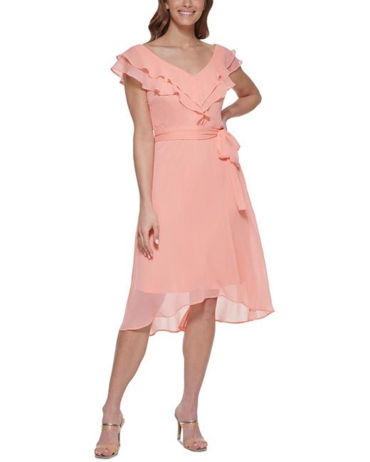 DKNY Petites Ruffled Calf Midi Dress in Pink Lyst