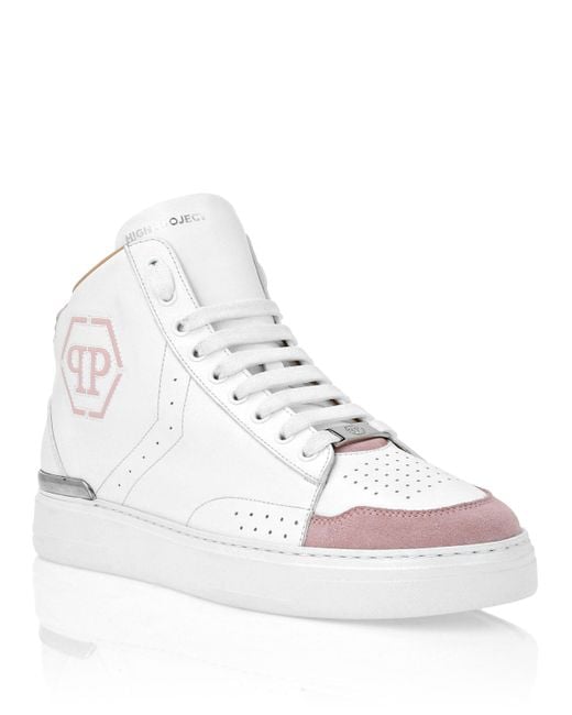 Philipp Plein Natural Leather Mid-Top Sneakers Hexagon for men