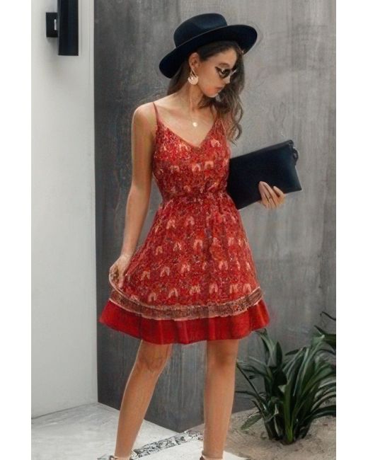 TRUEDAMES Red Floral Spaghetti Strap Button Down Ruffle Mini Dress