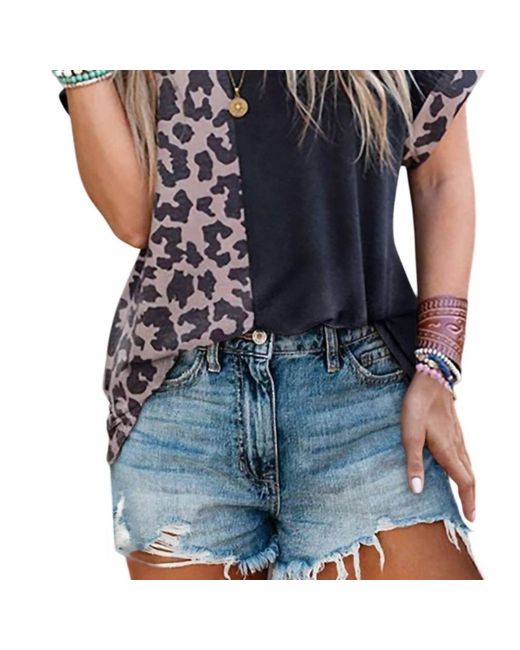 Full Time Purchase Blue Half Leopard Patchwork Short Sleeve Top