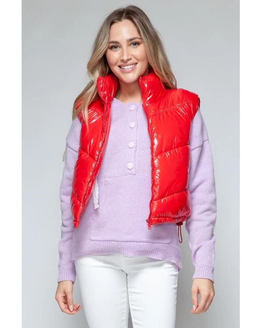 TRUEDAMES Red Zip Up Turtleneck Shiny Quilted Vest