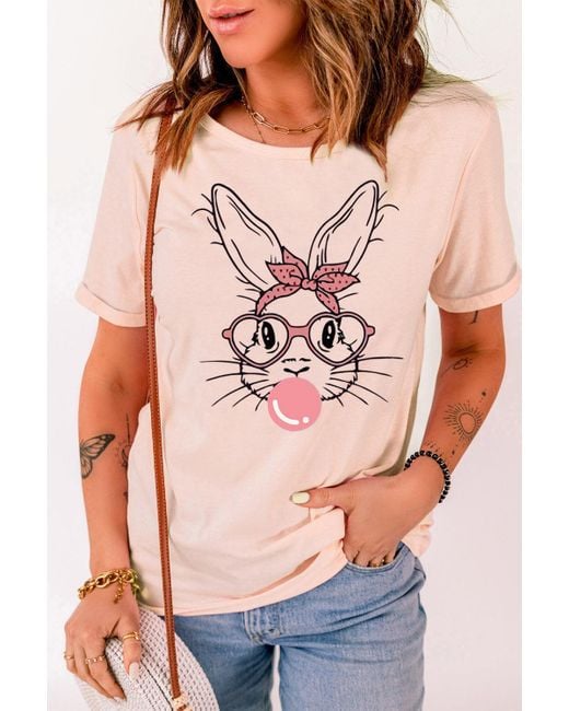 TRUEDAMES Pink Rabbit Graphic Round Neck Short Sleeve T-Shirt