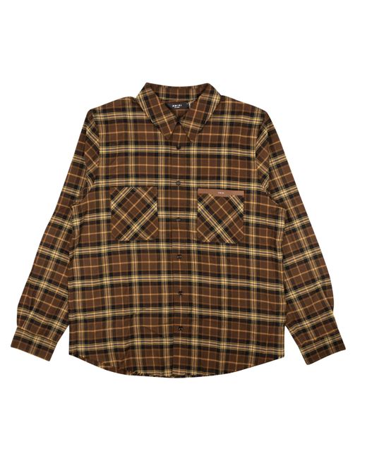 Amiri Brown Leather Logo Flannel Button Down Shirt for men