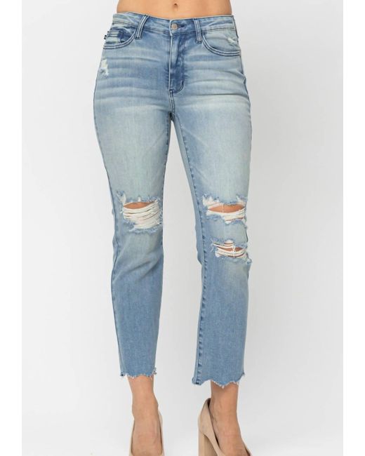 Judy Blue Blue Mid Rise Tinted Wash Destroyed Crop Jeans