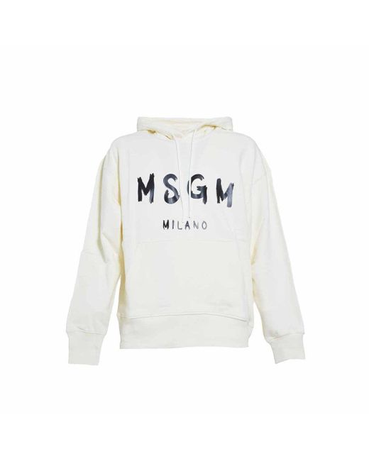 MSGM White Cream Cotton Hoodie With Logo Print for men