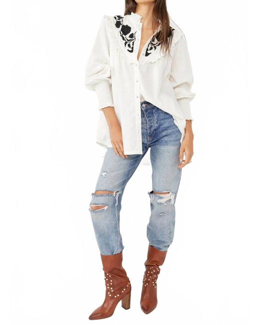 Free People Blue Rose Vines Embroided Button Down Top