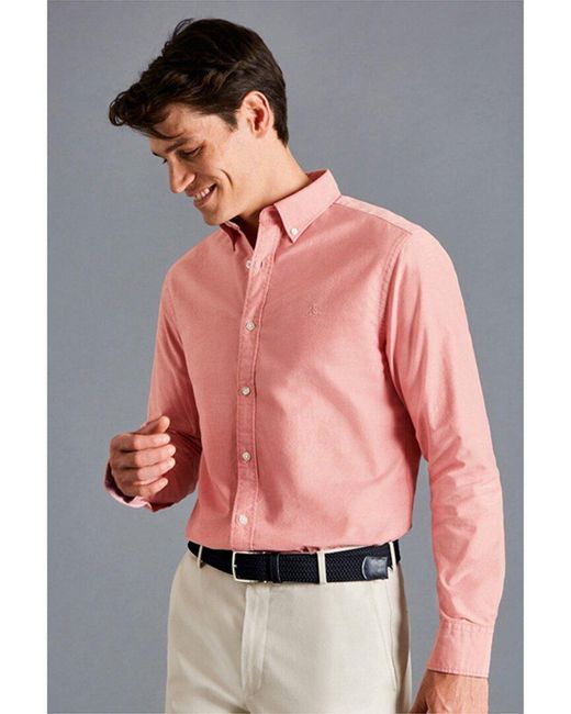 Charles Tyrwhitt Pink Plain Slim Fit Button-down Washed Oxford Shirt for men