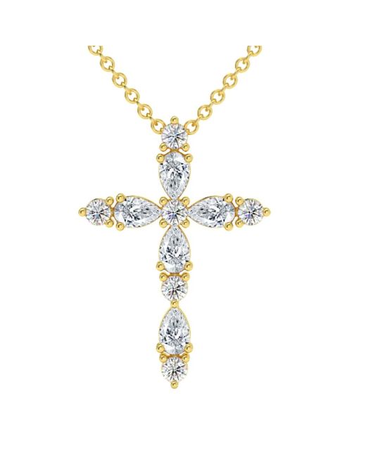 Pompeii3 Metallic 3/4ct Diamond Cross Round & Pear Shape 14k Gold Necklace Lab Grown 1" Tall
