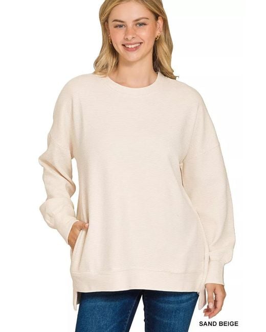 TRUEDAMES Natural Full Size Acid Washed Double Ribbed Hi-Low Sweatshirt Plus Size