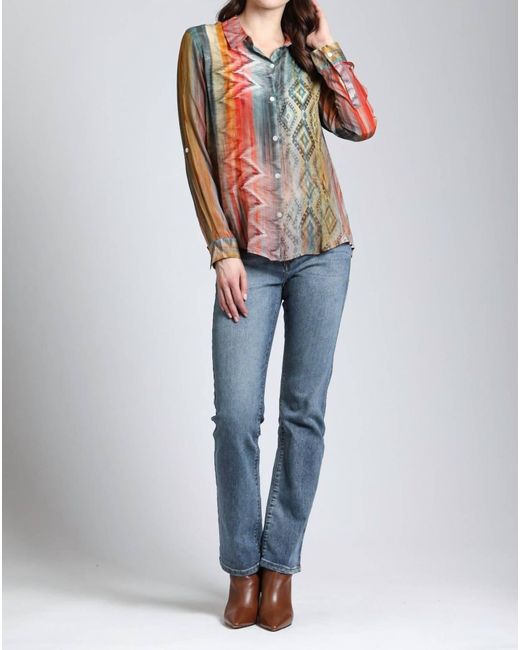 Apny Blue Waves & Rhombus Print Button Up Blouse