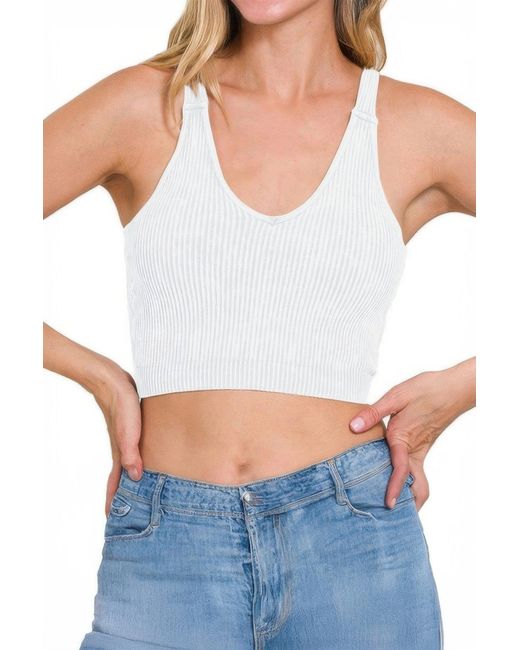 TRUEDAMES White Solid V Neck Elastic Sleeveless High Waist Top