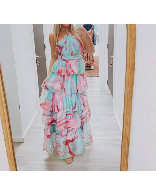Olivaceous Blue The Candy Swirl Green & Pink Tiered Maxi Dress