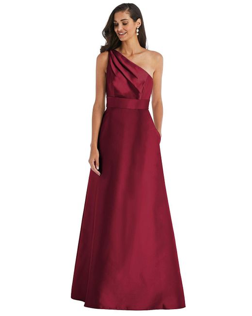 Alfred Sung Red Draped One-shoulder Satin Maxi Dress With Pockets