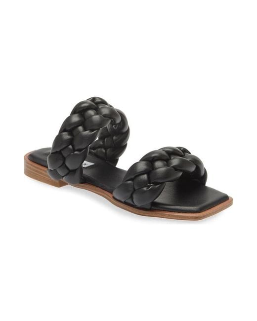 Steve Madden Black Spain Sandals Braided Straps Slip-On Slide Khd313